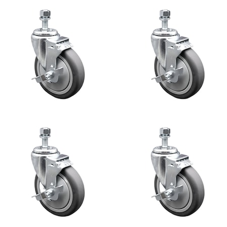Service Caster 5 Inch SS Thermoplastic Rubber Swivel 1/2 Inch Threaded Stem Caster Set Brake SCC SCC-SSTS20S514-TPRB-TLB-M1015-4